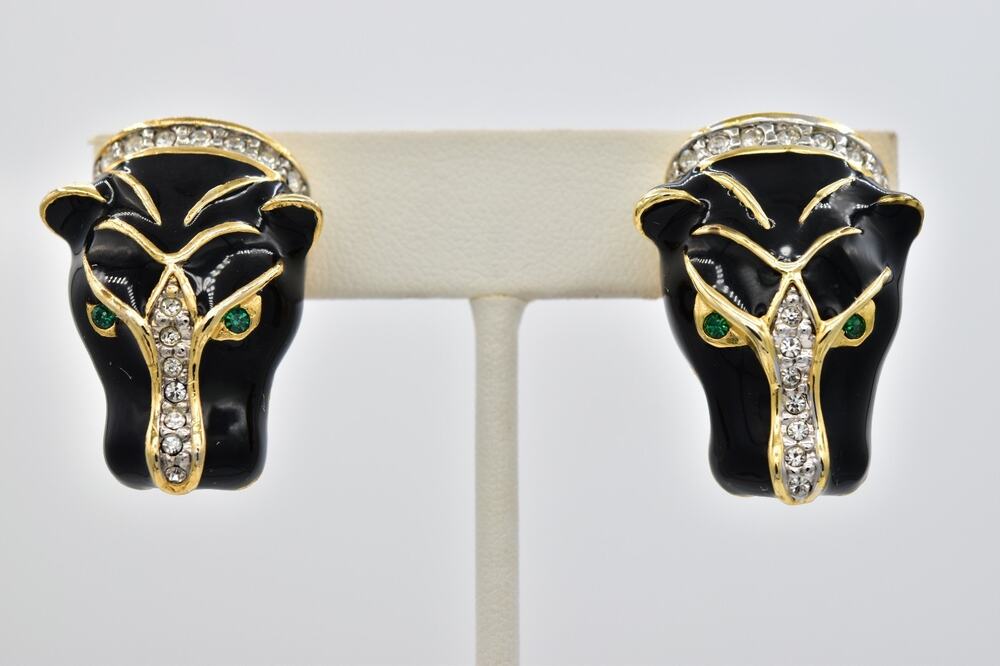Vintage NOS Panther Head Clip On Earrings Black Enamel Gold Crystal 1980s BinAR